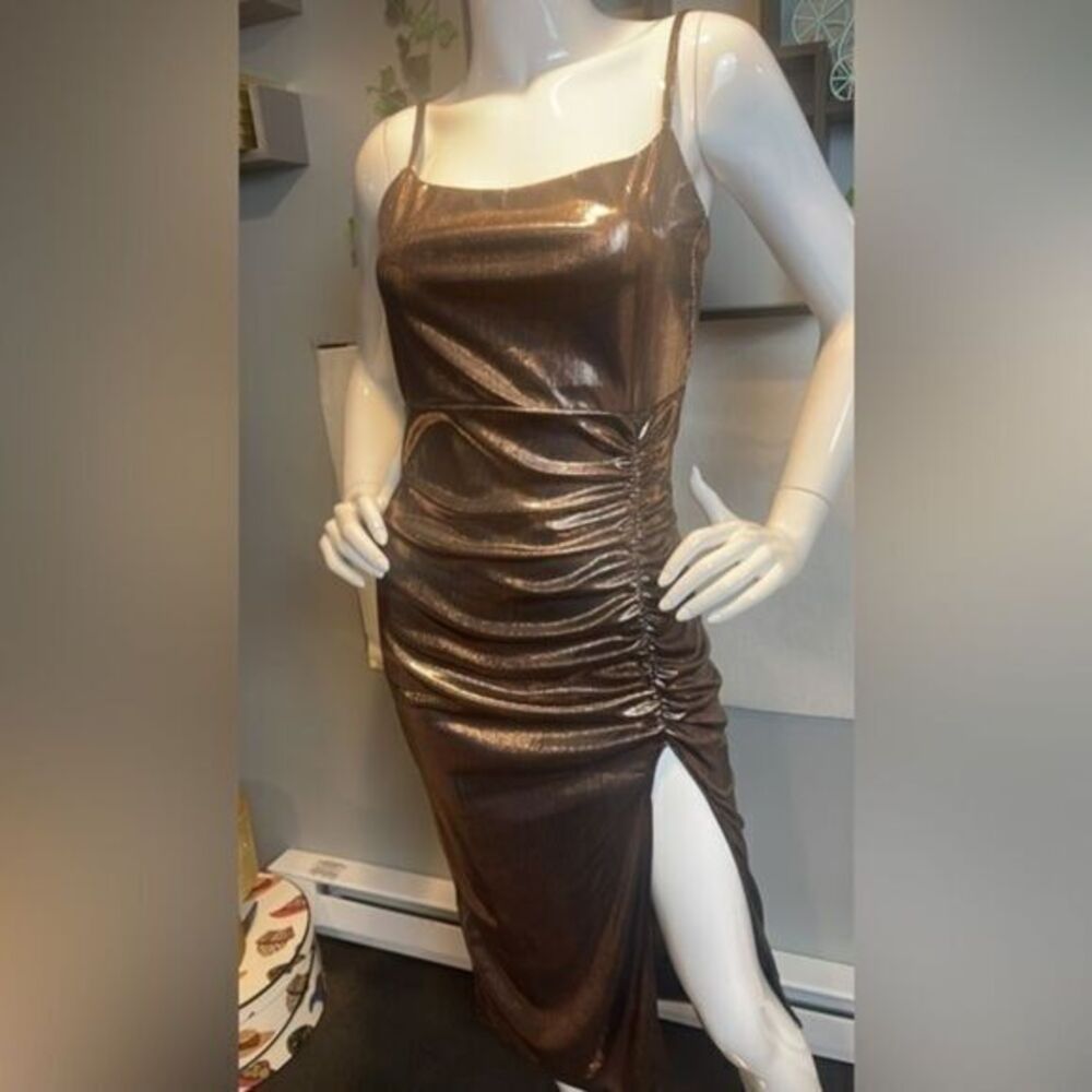 Micas Shiny Bodycon Dress Side Slit Ruched Sleeveless Party Clubwear L‎